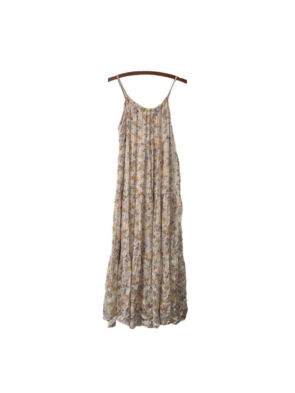 Elena Baldi Beige Floral Silk Blend Tiered Sleeveless Boho Maxi Dress Italy Sz M